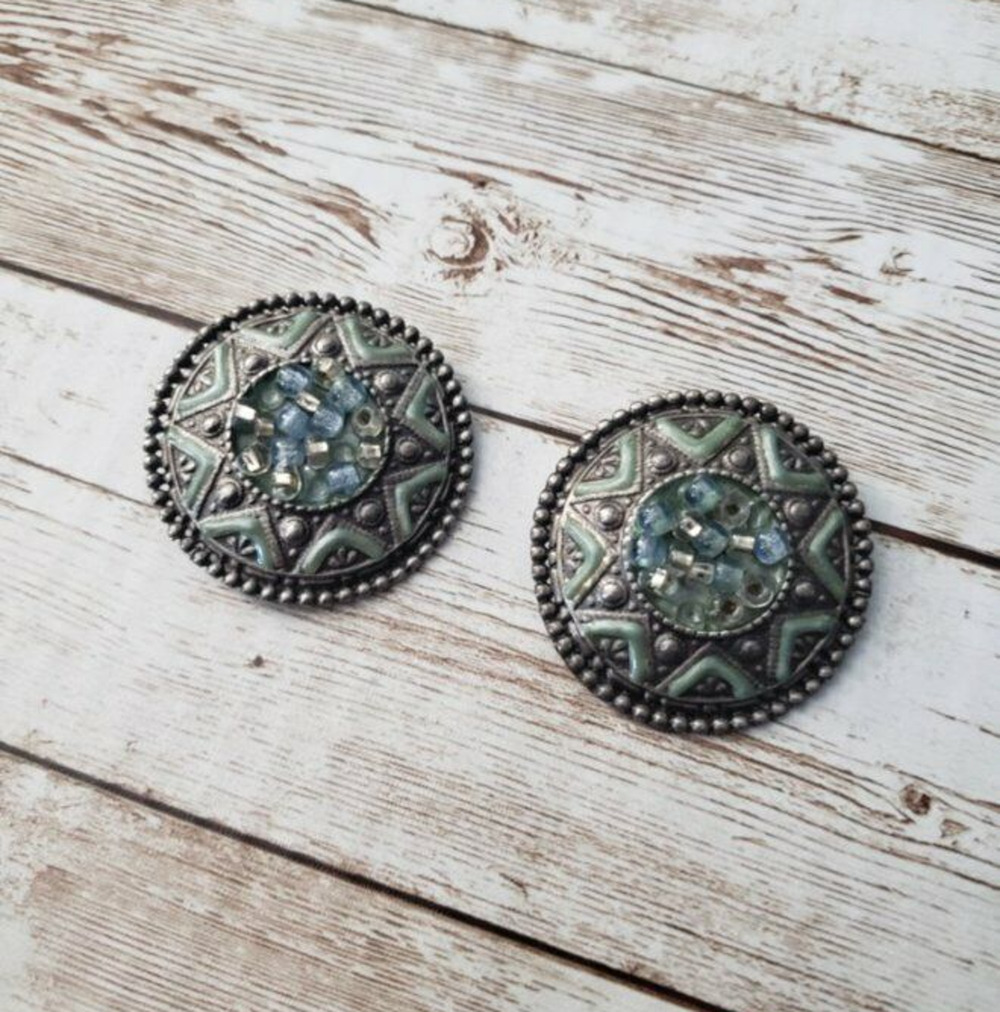 Vintage Clip On Earrings - Greeny Blue Large Circle Statement